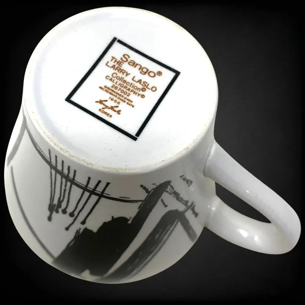 Vintage 1986 Sango Larry Laslo Calligraphy 8 Cup Saucer Sets 16 Pc Postmodern